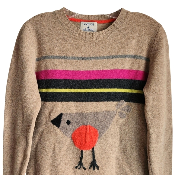 Antoni & Alison Merino Wool Sweater Women M/L Beige Striped Bird Knit Pullover - Picture 2 of 8
